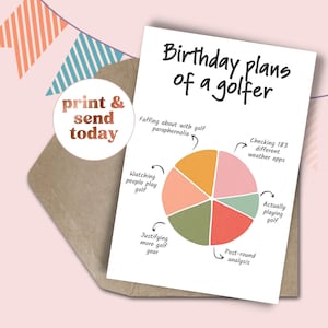 May include: A white greeting card with the text Birthday plans of a golfer above a colorful pie chart. The chart segments are labeled with text including Faffing about with golf paraphernalia, Checking 183 different weather apps, Actually playing golf, Post-round analysis, Justifying more golf gear, and Watching people play golf.
