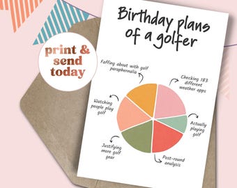 Puede incluir: Una tarjeta de felicitación blanca con el texto Birthday plans of a golfer sobre un gráfico circular de colores. Los segmentos del gráfico están etiquetados con texto que incluye Faffing about with golf paraphernalia, Checking 183 different weather apps, Actually playing golf, Post-round analysis, Justifying more golf gear y Watching people play golf.