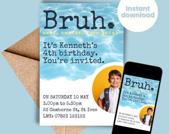 Bruh Birthday Invitation with Photo, Boy Pool Birthday Party Invite, Bruh It's My Birthday, Invite Teenager Birthday Editable Canva Template
