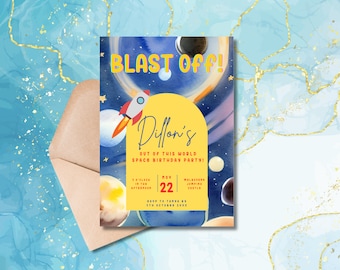 May include: A colorful space-themed birthday party invitation with a rocket ship, planets, and stars. The invitation says "Blast Off! Dillon's Out of this World Space Birthday Party!" with the date and time of the party.