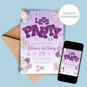 Op de afbeelding: Digitale uitnodiging in paars en roze met vlinders en bloemen. De tekst luidt "Let's Party" en "Olivia's birthday".