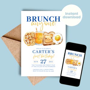 May include: A blue and yellow printable invitation for a first birthday party. The invitation features a cartoon waffle, toast, orange juice, and fried egg. The text on the invitation reads "BRUNCH anyone?" and "Carter's first birthday!" with the date "Sun 27 Dec".