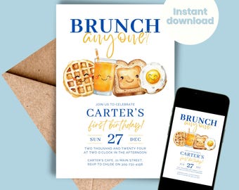 Editable First Birthday Invitation, Brunch Anyone, Brunch Birthday Party, Breakfast, Baby Boys Birthday, INSTANT DOWNLOAD Template Any Age