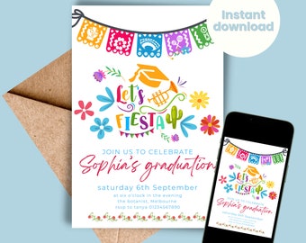 Op de afbeelding: Een kleurrijke uitnodiging met een feestelijk Mexicaans thema voor een afstudeerfeest. De uitnodiging bevat een afstudeerhoed, een trompet en de tekst "Let's Fiesta" met een cactus en bloemen. De tekst "Sophia's graduation" is in een vet, roze lettertype geschreven. De uitnodiging bevat ook de datum en tijd van het feest, de locatie en de RSVP-informatie.