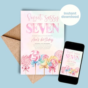 Sweet Sassy and Seven Birthday Invitation Editable Template Seventh Birthday Party Invite INSTANT DOWNLOAD Sweets Candy Girls Pink Bday