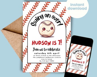 May include: A baseball-themed birthday party invitation featuring a cartoon baseball and the text "Swing on over! Hudson is 7!" The invitation provides details about the party, including the date, time, and location.