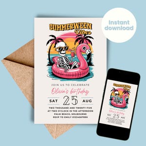 Invitación de fiesta de cumpleaños de verano - Invitación de cumpleaños de esqueleto de Halloween de verano - Palmera de playa con piscina - Vacaciones - Editable DESCARGA INSTANTÁNEA