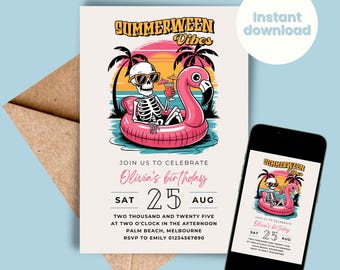 Summerween Birthday Party Invitation - Summer Halloween Skeleton Birthday Invite - Pool Beach Palm - Holidays - Editable INSTANT DOWNLOAD