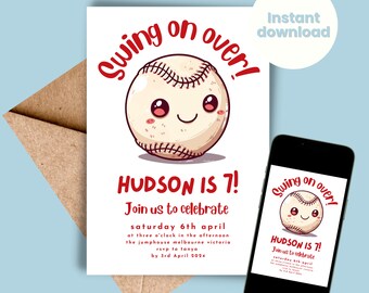 May include: A baseball-themed birthday invitation featuring a cartoon baseball with a smiling face. The text reads "Swing on over! Hudson is 7! Join us to celebrate Saturday 6th April at three o'clock in the afternoon, the Jumphouse Melbourne Victoria. RSVP to Tanya by 3rd April 2024."