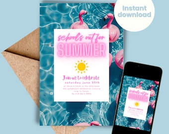 Invitación para la fiesta de fin de curso de verano, invitación para el último día, fiesta en la piscina, fiesta de graduación de verano en la playa, DESCARGA INSTANTÁNEA