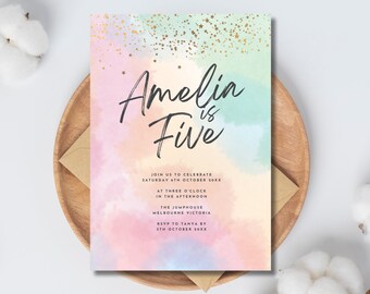 5th birthday party invitation for girl rainbow pastel sparkles gold glitter 5 invite Editable fifth birthday watercolor five