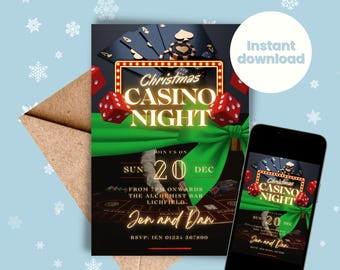 May include: A black and green invitation for a Christmas Casino Night. The invitation features a red and gold sign with the text "Christmas Casino Night". The invitation also features playing cards, dice, and a green ribbon. The text on the invitation reads "Join us on Sun 20 Dec from 7pm onwards The Alchemist Bar Lichfield Jen and Dan RSVP: JEN 01234 567890".
