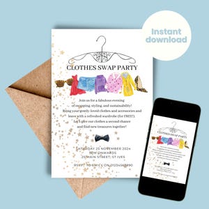 Uitnodiging voor feest kledingruilen Kledingruilen uitnodigen INSTANT DOWNLOAD portemonnee accessoire uitwisseling bewerkbare sjabloon jurk garderoberuil