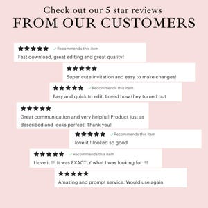 May include: A light pink graphic display featuring the text Check out our 5 star reviews FROM OUR CUSTOMERS followed by seven individual customer review blocks, each containing five black stars and written feedback about digital products.
