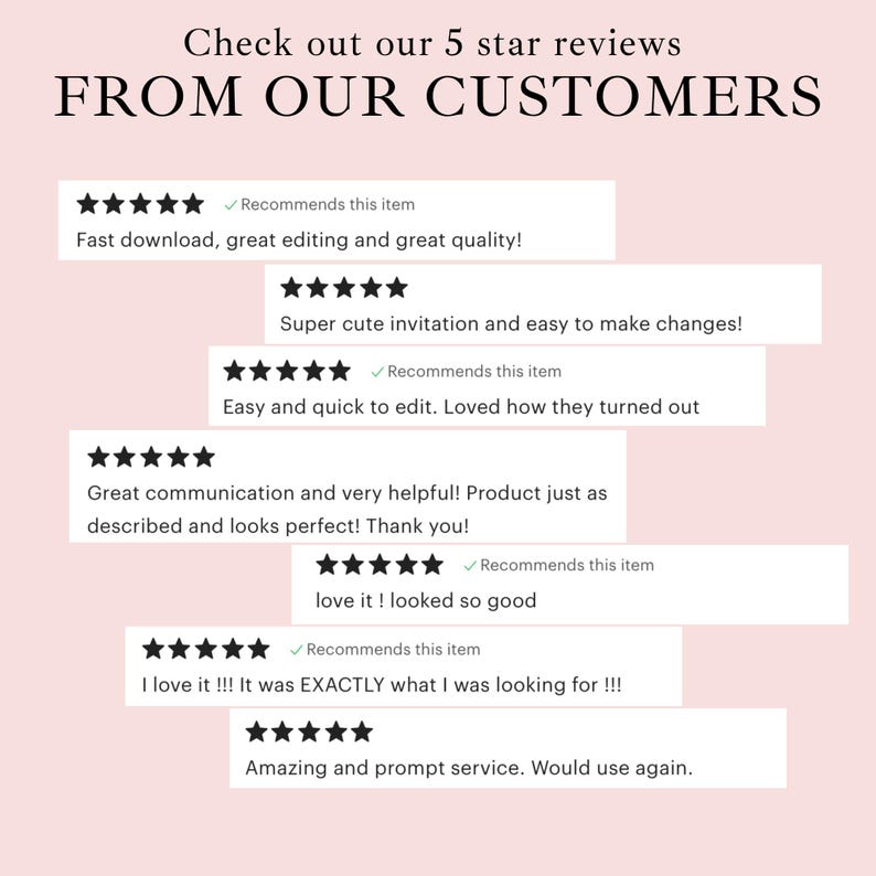 May include: A light pink graphic display featuring the text Check out our 5 star reviews FROM OUR CUSTOMERS followed by seven individual customer review blocks, each containing five black stars and written feedback about digital products.