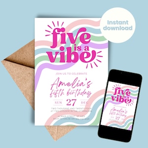 5 Year Girl Birthday Invitation Girls Pink Rainbow Retro Party Invite, Pink and White, INSTANT DOWNLOAD, Five is a Vibe 5th fifth 5 five