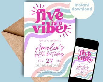 Invitación de cumpleaños para niña de 5 años Invitación de fiesta retro con arcoíris rosa para niñas, rosa y blanco, DESCARGA INSTANTÁNEA, Five is a Vibe 5th fifth 5 five