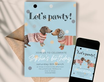 Peut inclure: Une invitation d'anniversaire bleue et blanche avec le texte "Let's pawty!" et "Sophia's birthday" avec deux teckels de dessin animé portant des pulls. L'invitation comprend la date, l'heure, le lieu et les informations RSVP.