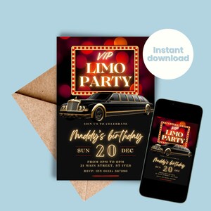 Può includere: Un invito nero e oro per una festa VIP Limo Party con un display per smartphone abbinato. L'invito presenta una grafica di limousine e il testo "Maddy's birthday" con dettagli di data e ora. Una busta marrone sullo sfondo.