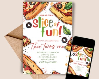 Invitación a fiesta de pizza, invitación de cumpleaños de SLICE OF FUN, invitación a pizzería, fiesta de pizza de Bday, plantilla digital editable de descarga instantánea