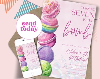 Bath Bomb Birthday Invitation, Bath Bomb Making Party Invite, Girls Spa Birthday Party, Editable Canva Template, Instant Download