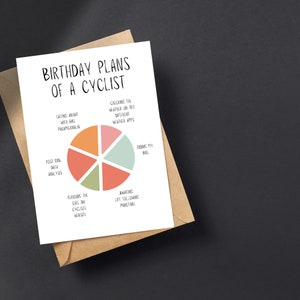 Puede incluir: Una tarjeta de cumplea&ntilde;os humor&iacute;stica para un ciclista con un gr&aacute;fico circular que muestra las diferentes actividades que podr&iacute;a hacer en su cumplea&ntilde;os, incluyendo andar en bicicleta, consultar el clima y analizar datos. El texto de la tarjeta dice "Birthday Plans of a Cyclist".