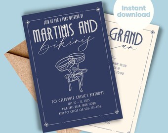 Bikinis And Martinis Invitation Birthday Weekend Hen Party Invite Celebration Tinis & Bikini Art Deco Template Dirty Martini Itinerary