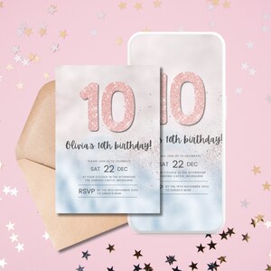 Editable Pink 10th Birthday Invitation | Template Glitter Birthday Party Invite | Rainbow l Girl Tenth Birthday Instant Download Digital