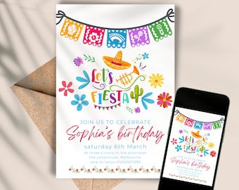 May include: A colorful invitation for a birthday party with a fiesta theme. The invitation features a sombrero, trumpet, cactus, and colorful flowers. The text on the invitation reads "Let's Fiesta" and "Sophia's birthday, Saturday 6th March".