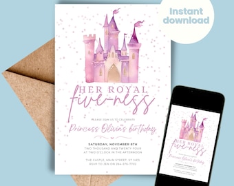 Invitación de cumpleaños de Royal Fiveness Fiesta de princesas Fiesta de quinto cumpleaños de niñas DESCARGA INSTANTÁNEA Digital Invitación mágica Castillo Cinco 5º 5