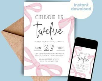 May include: Pink watercolour ribbon birthday invitation for a 12th birthday party. The invitation says "Chloe is twelve" and includes the date "Sun 27 Oct" and the time "Two thousand and twenty four, four o'clock in the afternoon".