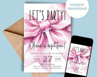 Bearbeitbare rosa Schleifen-Einladung zum 18. Geburtstag - anpassbare Vorlage - digital bearbeitbar - elegantes Design - kokette Bögen - INSTANT DOWNLOAD
