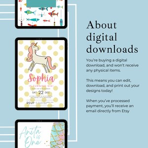 May include: Three digital printable party invitations featuring a unicorn, a mermaid, and a fishing theme. The invitations are designed in a pastel color scheme with gold accents. The text on the invitations reads "Sophia is turning six!" and "Anita is one!"