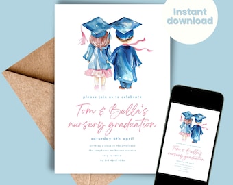 Preschool Graduation Invitation - Nursery Pre-K Class of 2026 - Kindergarten School - Twin Dual Invite - INSTANT DOWNLOAD Grad Template