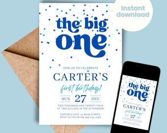 The Big One Birthday Invitation Boys Blue Stars Retro Party Invite, Blue and White, INSTANT DOWNLOAD, Editable Template First 1 1st Bday