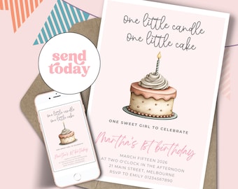 One Little Candle One Little Cake Birthday Invitation: Editable Birthday Party Invite, Pink Girl's First Birthday,  Digital Download