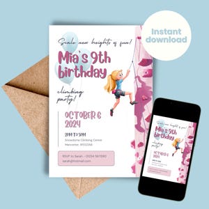 Klettern Party Einladung Mädchen Klettern Geburtstag einladen Rock Klettern SOFORTIGER DOWNLOAD Rosa Themenaktivität Jedes Alter Bearbeitbare Vorlage