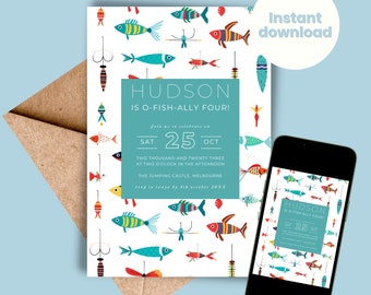 Peut inclure: Une invitation d'anniversaire bleue et blanche sur le thème du poisson. L'invitation indique "Hudson is O-Fish-Ally Four!" et comprend la date "Sam 25 Oct" et l'heure "Deux mille vingt-trois à deux heures de l'après-midi". L'invitation comprend également le lieu "The Jumping Castle, Melbourne" et la date de réponse "RSVP à Tanya avant le 5 octobre 20XX".