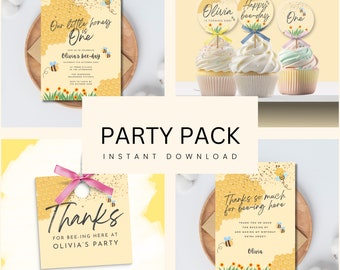 May include: A printable party pack with a bee theme. The pack includes a birthday invitation, cupcake toppers, a thank you tag, and a thank you card. The designs feature a honeycomb pattern, bees, and the text "Our little honey is one", "Olivia's bee-day", "Happy bee-day", "One", "Thanks for bee-ing here at Olivia's party", and "Thanks so much for bee-ing here".