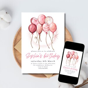 Balloons Birthday Party Invitation Pink Balloons Invite Girls Party Invite Sparkle Editable Template INSTANT DOWNLOAD Edit in Canva