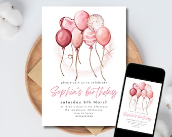 Balloons Birthday Party Invitation Pink Balloons Invite Girls Party Invite Sparkle Editable Template INSTANT DOWNLOAD Edit in Canva