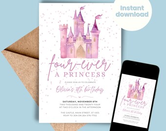Four-ever a princess Birthday Invite Princess Party Girls Fourth Birthday Party Digital INSTANT DOWNLOAD Magical Invite Castle Four 4 4th