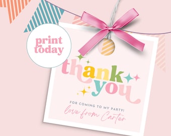 May include: A pastel-coloured thank you gift tag with a pink ribbon and string. The tag says "thank you" in a colourful, retro font, with the text "For coming to my party! love from Carter" below. A round sticker says "print today".