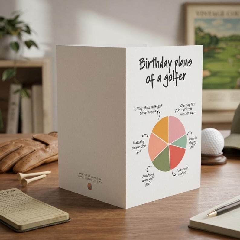 May include: A white greeting card featuring the text Birthday plans of a golfer above a colorful pie chart. The chart segments are labeled with activities like checking weather apps, playing golf, post-round analysis, and buying golf gear.