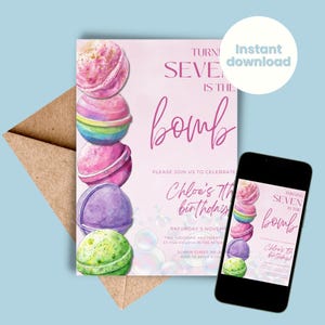 Bath Bomb Birthday Party Invitation Girls Spa Party Invite Sleepover Celebration Pink Themed INSTANT DOWNLOAD Editable Template