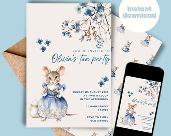 Birthday Tea Party Invitation with Hand Drawn Illustrations - Bridal Shower Mother's Day Invite - INSTANT DOWNLOAD - Editable Template