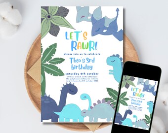 Könnte beinhalten: Eine blaue und grüne Dinosaurier-Geburtstagseinladung mit dem Text "Let's Rawr!" und "Theo's 3rd birthday" auf weißem Hintergrund. Die Einladung enthält das Datum und die Uhrzeit der Party sowie den Ort.