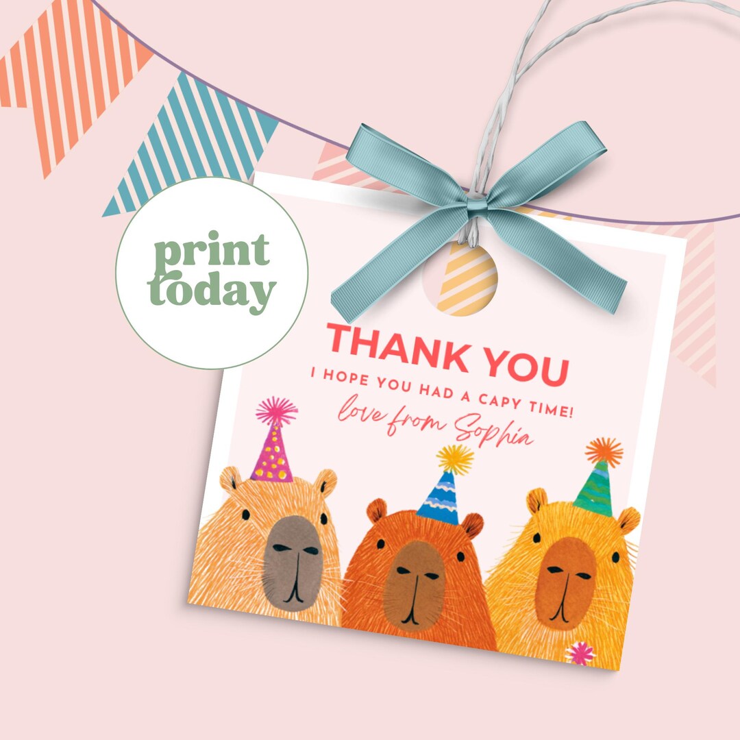 Capybara Favor Tags Editable Template, Cute Animal Thank You Tags, Kids ...