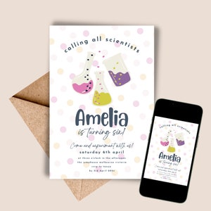 May include: A white invitation with colorful polka dots and a cartoon illustration of beakers. The text reads "calling all scientists Amelia is turning six! Come and experiment with us! Saturday 6th April at three o'clock in the afternoon the jumphouse melbourne victoria rsvp to tanya by 3rd April 2024"