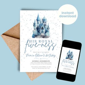 May include: A blue and white invitation featuring a watercolour illustration of a castle. The text reads "This Royal Five-ness" and "Prince Oliver's Birthday". The invitation is for a birthday party on Saturday, 8th November 2024 at 2:00 PM. The location is The Castle, Main Street, St Ives. RSVP to Jen on 264-576-7702.